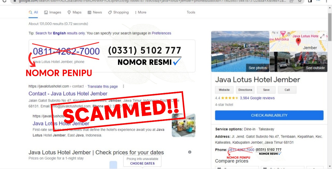 Java Lotus Hotel Jember, Google Business Profile, the telephone number is got scammed